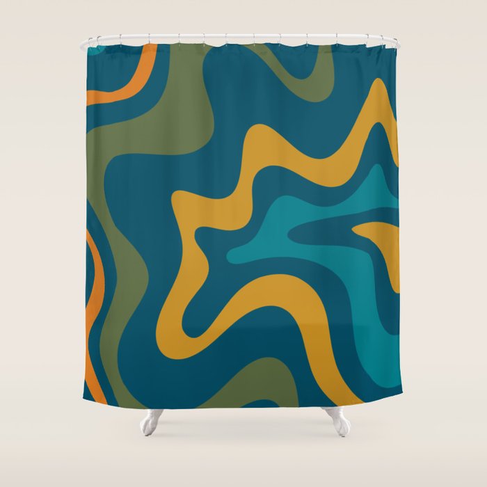 Retro Liquid Swirl Abstract Pattern Square in Moroccan Blue, Teal, Olive, Orange, and Ochre Shower Curtain Gallery Image 1