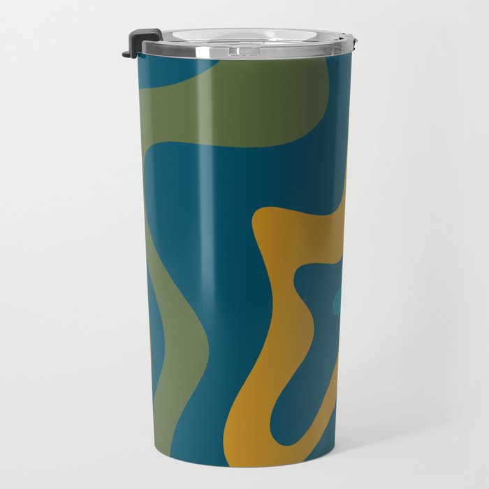 Retro Liquid Swirl Abstract Pattern Square in Moroccan Blue, Teal, Olive, Orange, and Ochre Travel Mug Gallery Image 3