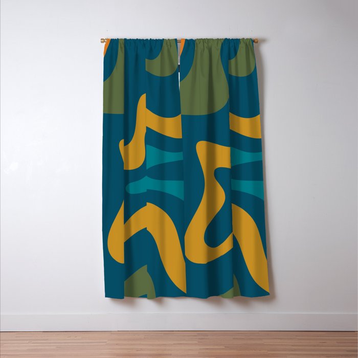 Retro Liquid Swirl Abstract Pattern Square in Moroccan Blue, Teal, Olive, Orange, and Ochre Window Curtain Gallery Image 3