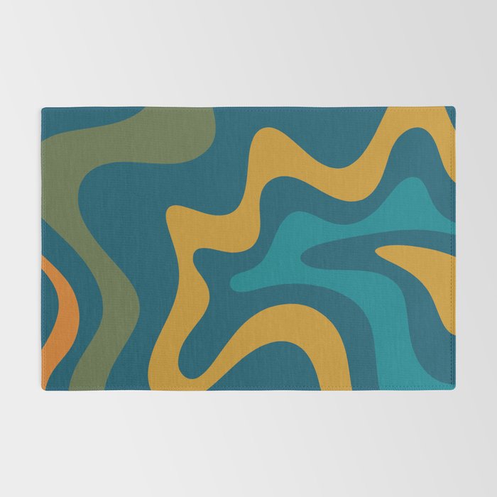 Retro Liquid Swirl Abstract Pattern Square in Moroccan Blue, Teal, Olive, Orange, and Ochre Rug Gallery Image 2