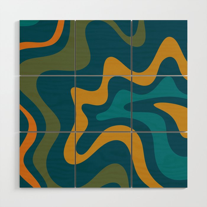 Retro Liquid Swirl Abstract Pattern Square in Moroccan Blue, Teal, Olive, Orange, and Ochre Wood Wall Art Gallery Image 1