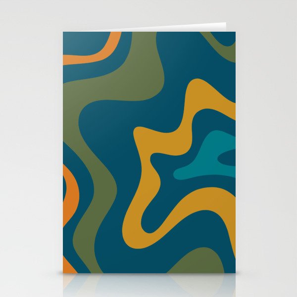 Retro Liquid Swirl Abstract Pattern Square in Moroccan Blue, Teal, Olive, Orange, and Ochre Stationery Card Gallery Image 2