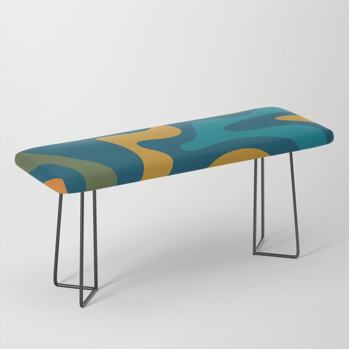 Retro Liquid Swirl Abstract Pattern Square in Moroccan Blue, Teal, Olive, Orange, and Ochre Bench Gallery Image 1