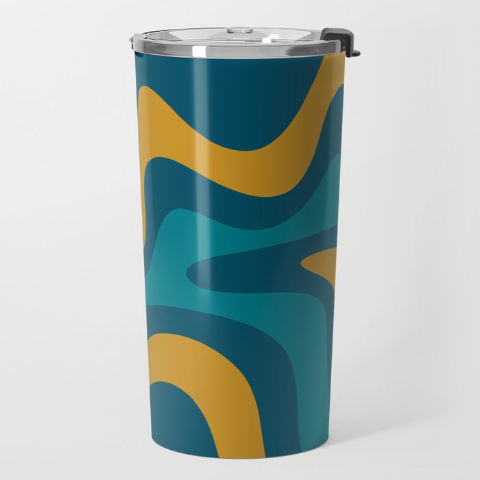 Retro Liquid Swirl Abstract Pattern Square in Moroccan Blue, Teal, Olive, Orange, and Ochre Travel Mug Gallery Image 2