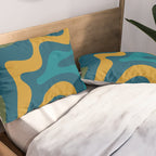 Retro Liquid Swirl Abstract Pattern Square in Moroccan Blue, Teal, Olive, Orange, and Ochre Pillow Sham Gallery Image 2