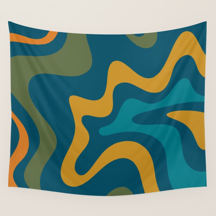 Retro Liquid Swirl Abstract Pattern Square in Moroccan Blue, Teal, Olive, Orange, and Ochre Wall Tapestry Gallery Image 1