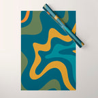 Retro Liquid Swirl Abstract Pattern Square in Moroccan Blue, Teal, Olive, Orange, and Ochre Wrapping Paper Gallery Image 1
