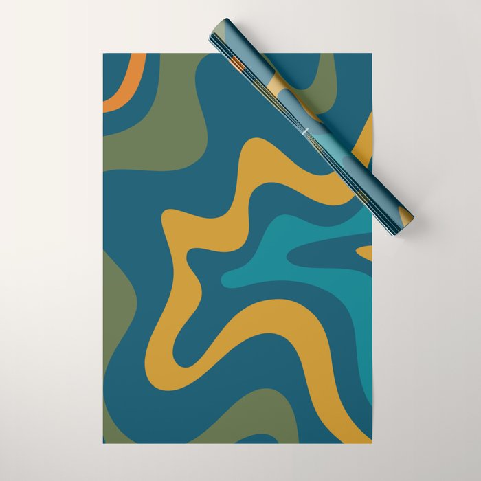 Retro Liquid Swirl Abstract Pattern Square in Moroccan Blue, Teal, Olive, Orange, and Ochre Wrapping Paper Gallery Image 1