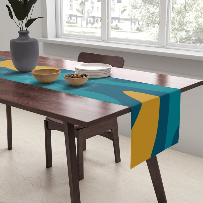 Retro Liquid Swirl Abstract Pattern Square in Moroccan Blue, Teal, Olive, Orange, and Ochre Table Runner Gallery Image 2