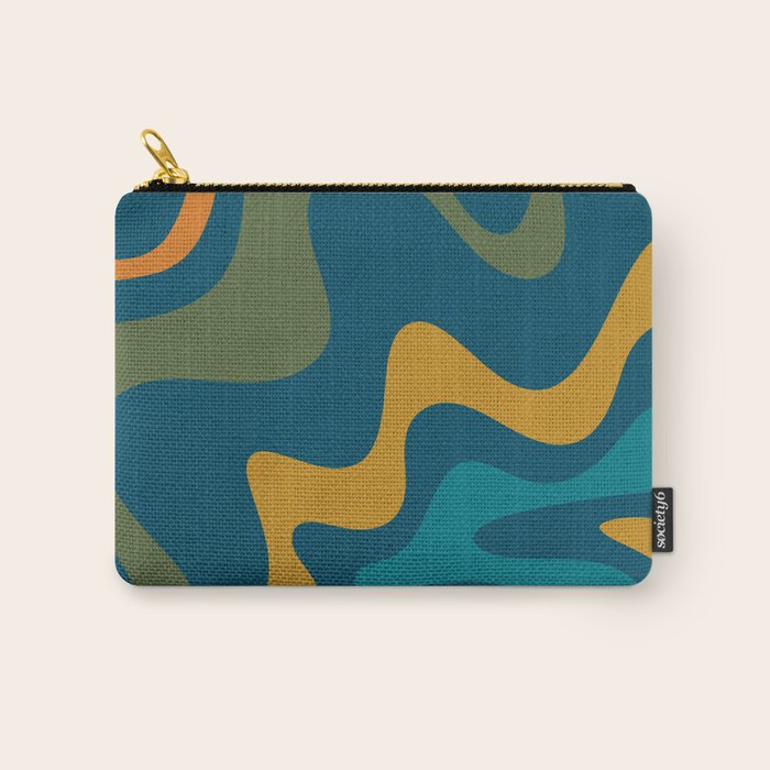 Retro Liquid Swirl Abstract Pattern Square in Moroccan Blue, Teal, Olive, Orange, and Ochre Carry All Pouch Gallery Image 1
