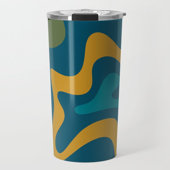 Retro Liquid Swirl Abstract Pattern Square in Moroccan Blue, Teal, Olive, Orange, and Ochre Travel Mug Gallery Image 1
