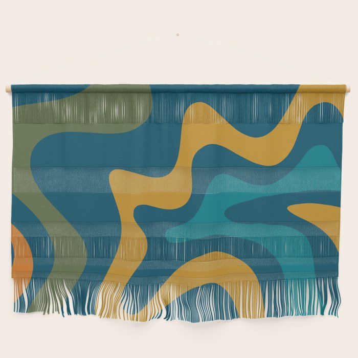 Retro Liquid Swirl Abstract Pattern Square in Moroccan Blue, Teal, Olive, Orange, and Ochre Wall Hanging Gallery Image 1