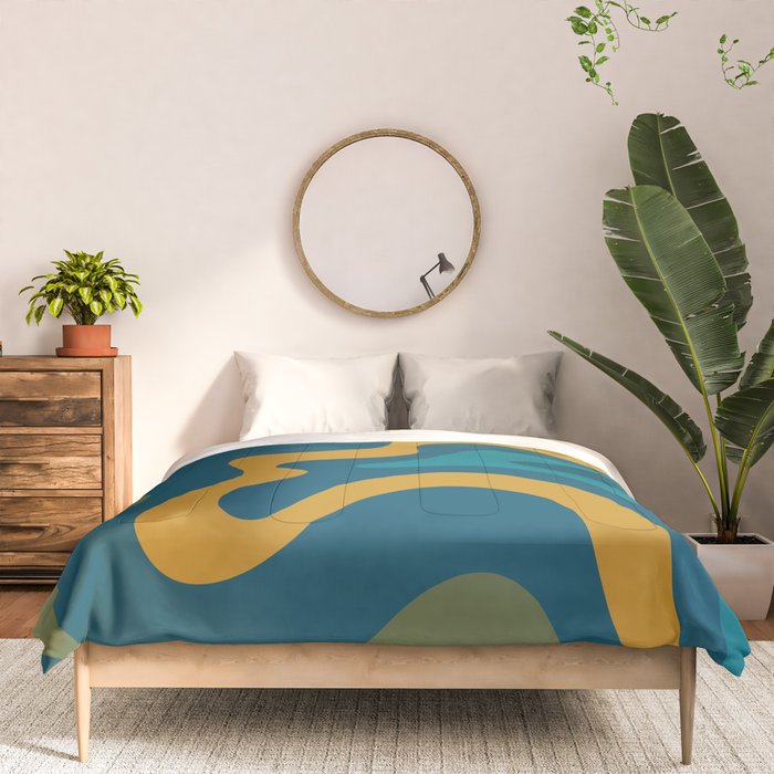 Retro Liquid Swirl Abstract Pattern Square in Moroccan Blue, Teal, Olive, Orange, and Ochre Comforter Gallery Image 3