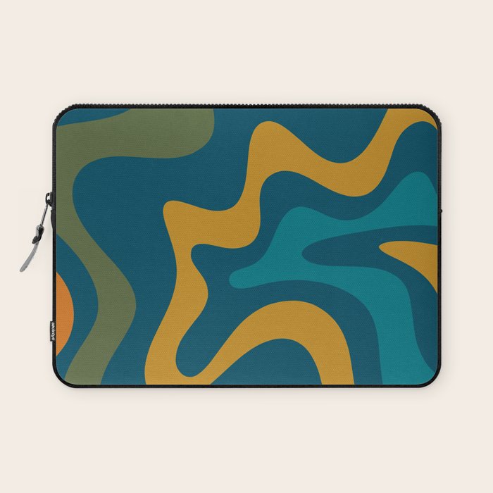 Retro Liquid Swirl Abstract Pattern Square in Moroccan Blue, Teal, Olive, Orange, and Ochre Laptop Sleeve Gallery Image 1
