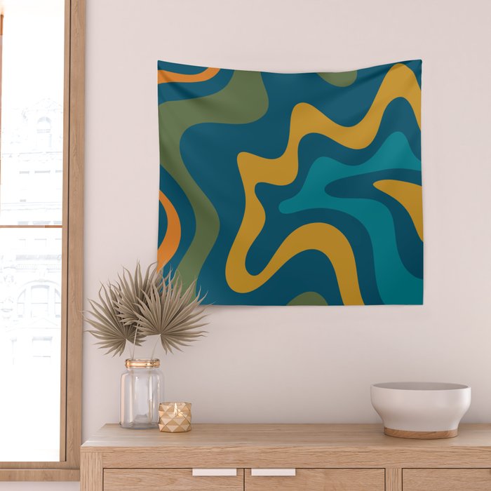 Retro Liquid Swirl Abstract Pattern Square in Moroccan Blue, Teal, Olive, Orange, and Ochre Wall Tapestry Gallery Image 2
