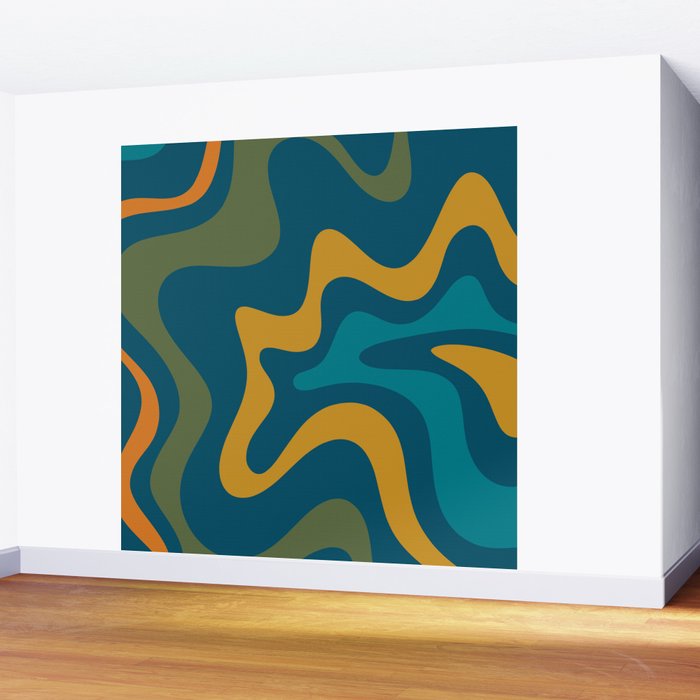 Retro Liquid Swirl Abstract Pattern Square in Moroccan Blue, Teal, Olive, Orange, and Ochre Wall Mural Gallery Image 2