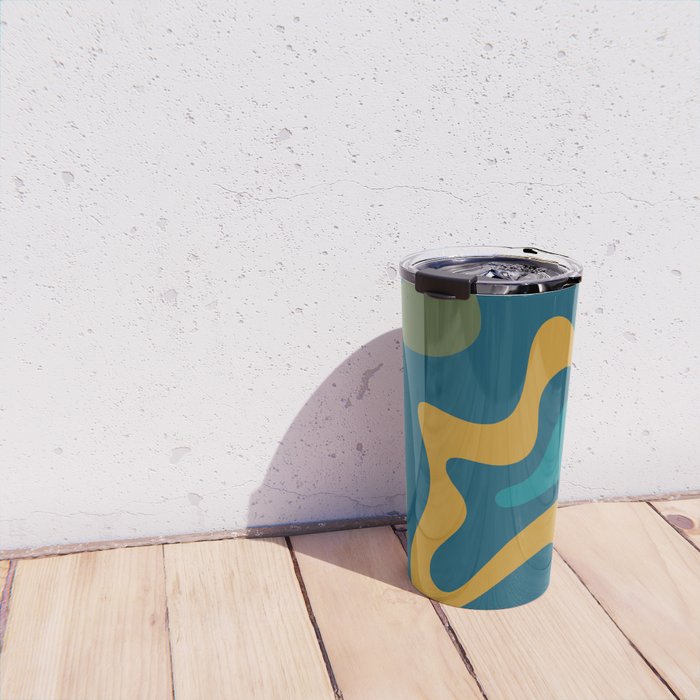 Retro Liquid Swirl Abstract Pattern Square in Moroccan Blue, Teal, Olive, Orange, and Ochre Travel Mug Gallery Image 4