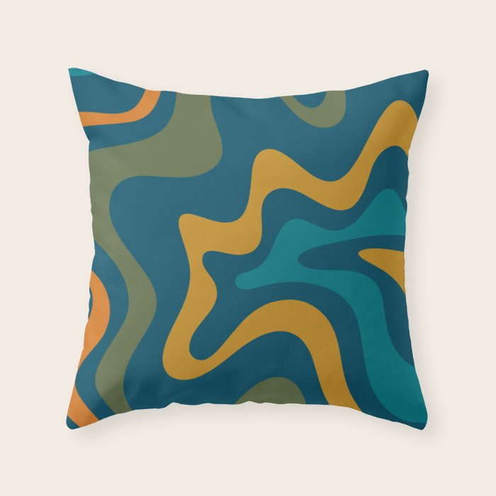 Retro Liquid Swirl Abstract Pattern Square in Moroccan Blue, Teal, Olive, Orange, and Ochre Throw Pillow Gallery Image 6