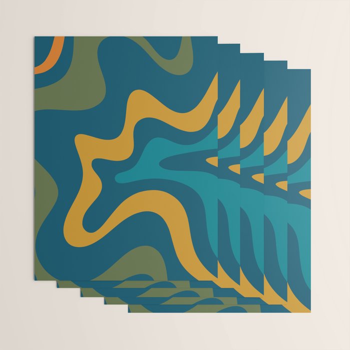 Retro Liquid Swirl Abstract Pattern Square in Moroccan Blue, Teal, Olive, Orange, and Ochre Wrapping Paper Gallery Image 3