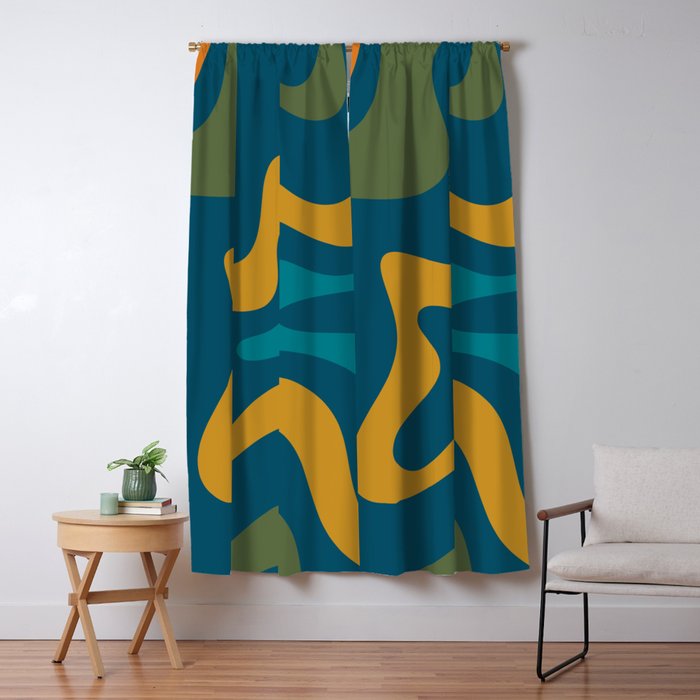 Retro Liquid Swirl Abstract Pattern Square in Moroccan Blue, Teal, Olive, Orange, and Ochre Window Curtain Gallery Image 5