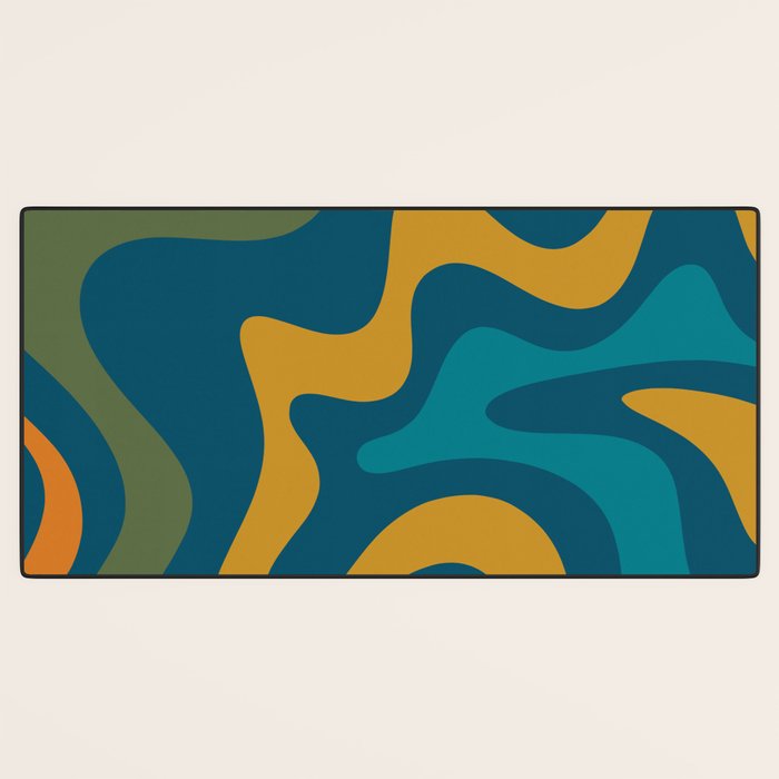 Retro Liquid Swirl Abstract Pattern Square in Moroccan Blue, Teal, Olive, Orange, and Ochre Desk Mat Gallery Image 3