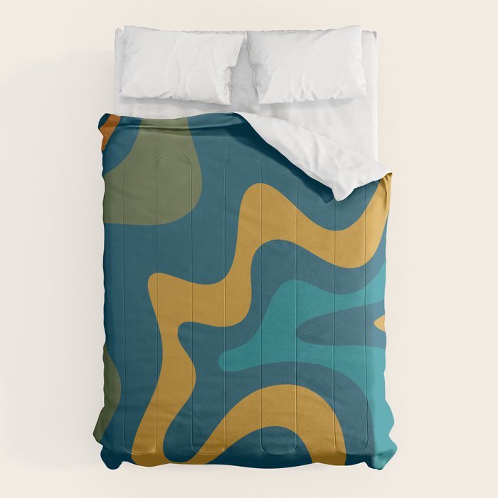 Retro Liquid Swirl Abstract Pattern Square in Moroccan Blue, Teal, Olive, Orange, and Ochre Comforter Gallery Image 6