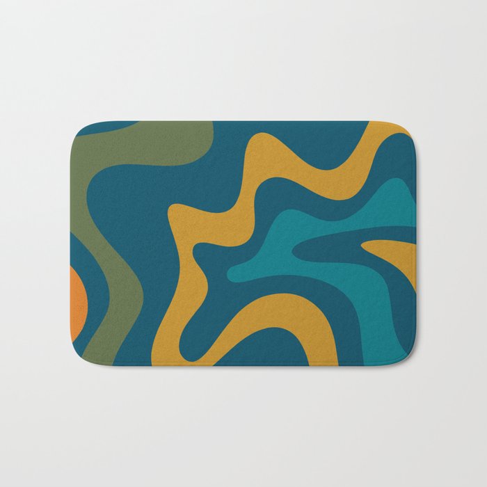 Retro Liquid Swirl Abstract Pattern Square in Moroccan Blue, Teal, Olive, Orange, and Ochre Bath Mat Gallery Image 1