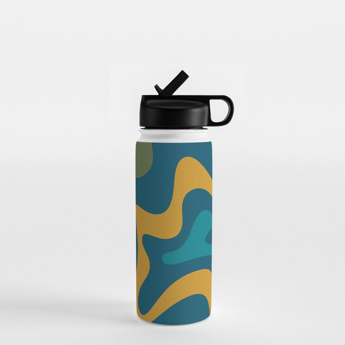 Retro Liquid Swirl Abstract Pattern Square in Moroccan Blue, Teal, Olive, Orange, and Ochre Water Bottle Gallery Image 1