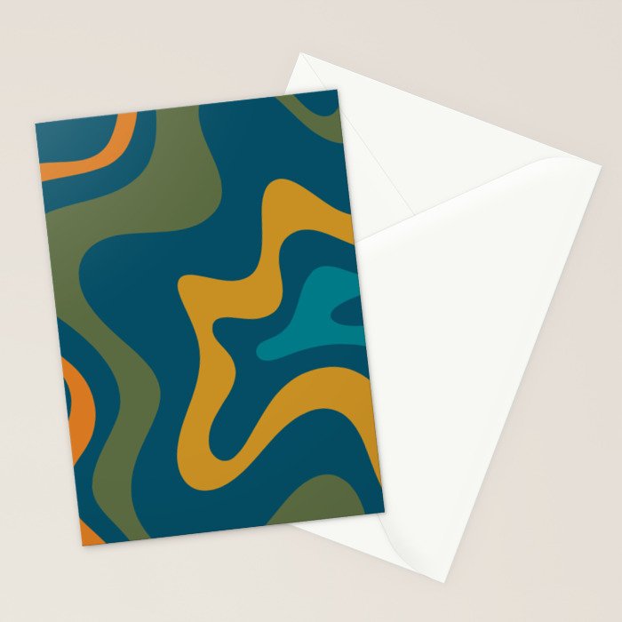 Retro Liquid Swirl Abstract Pattern Square in Moroccan Blue, Teal, Olive, Orange, and Ochre Stationery Card Gallery Image 2