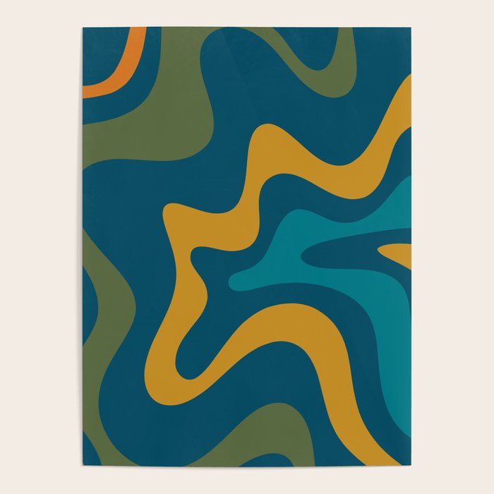 Retro Liquid Swirl Abstract Pattern Square in Moroccan Blue, Teal, Olive, Orange, and Ochre Poster Gallery Image 4