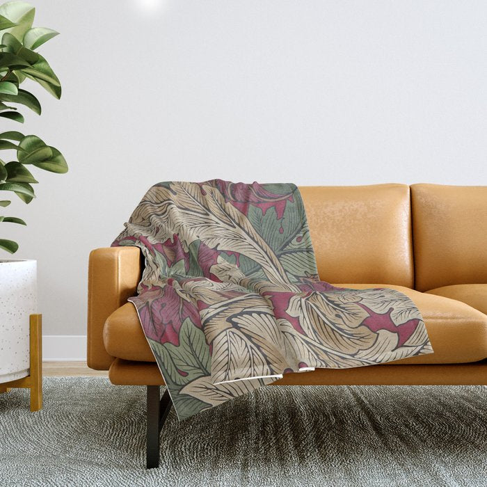 William Morris Acanthus Leaves Madder Thyme Red Green Vintage Pattern Throw Blanket Gallery Image 1