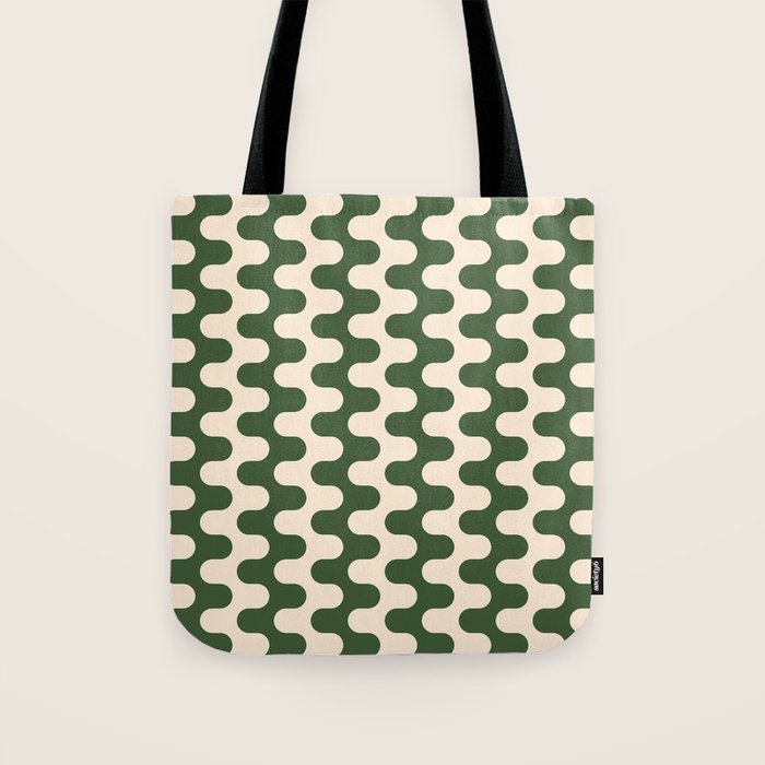Retro Mid Century Modern Waves in Forest Green and Creamy White Tote Bag Gallery Image 1