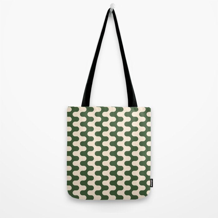 Retro Mid Century Modern Waves in Forest Green and Creamy White Tote Bag Gallery Image 2