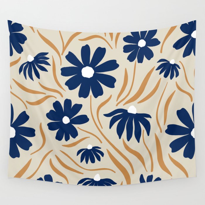 Harper Floral Print, Navy, Mustard and Beige Wall Tapestry Gallery Image 1