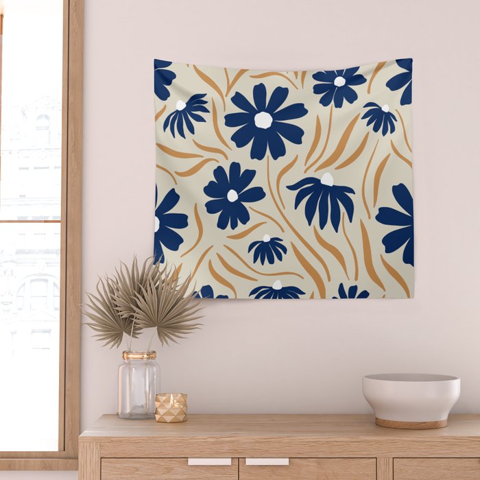 Harper Floral Print, Navy, Mustard and Beige Wall Tapestry Gallery Image 2