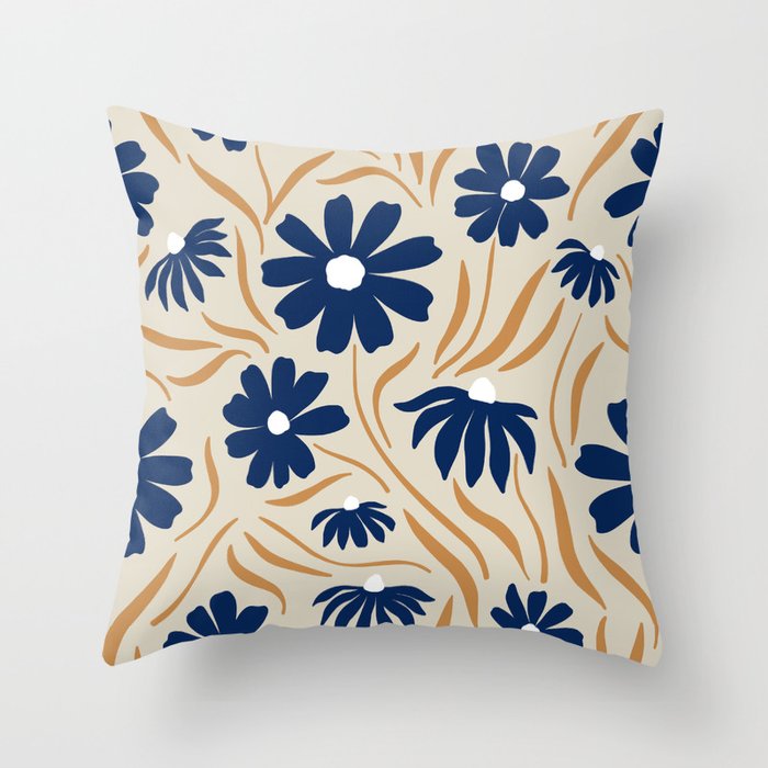 Harper Floral Print, Navy, Mustard and Beige Throw Pillow Gallery Image 1