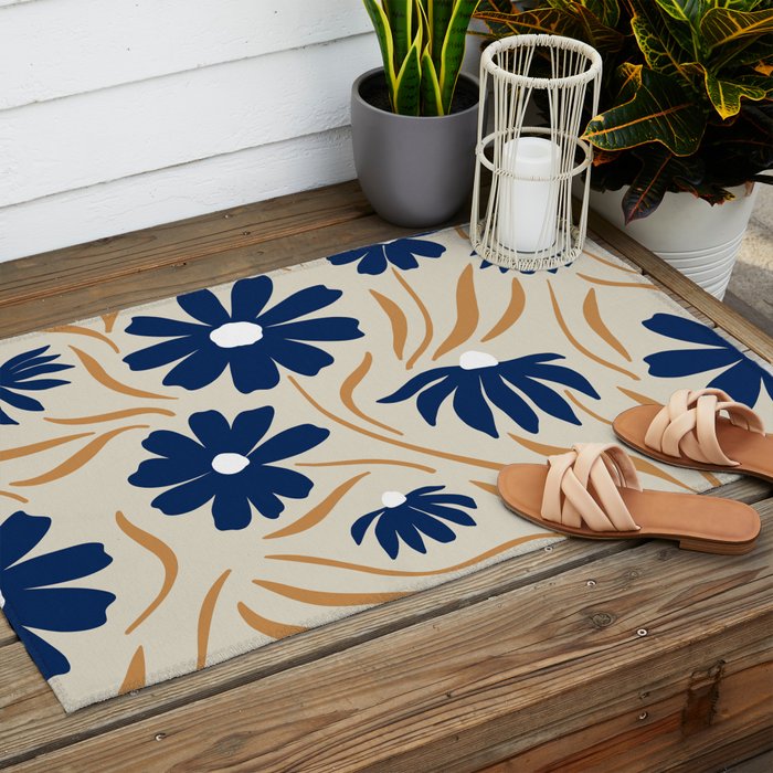 Harper Floral Print, Navy, Mustard and Beige Outdoor Rug Gallery Image 2