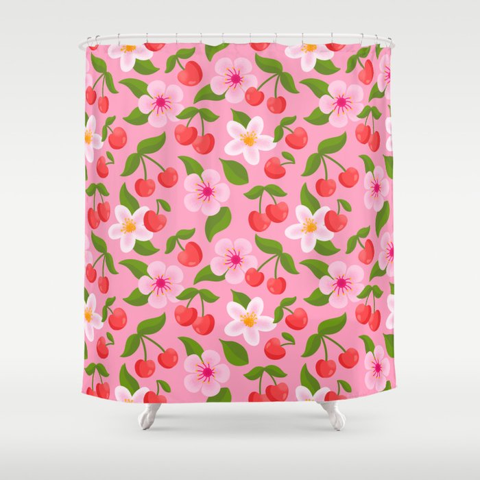 Cherry Pattern on Pink Shower Curtain Gallery Image 1