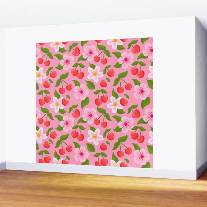 Cherry Pattern on Pink Wall Mural Gallery Image 2