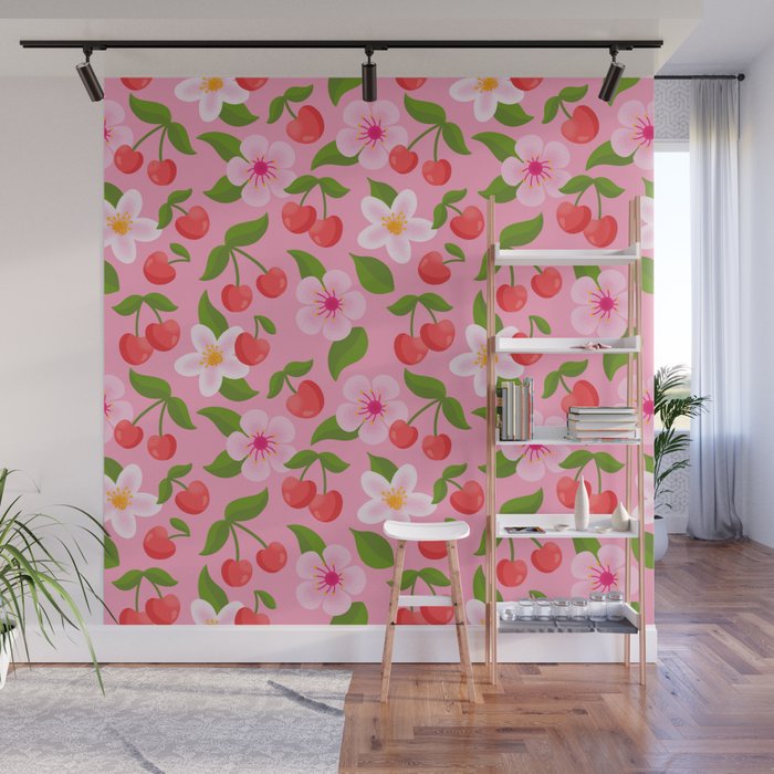 Cherry Pattern on Pink Wall Mural Gallery Image 1