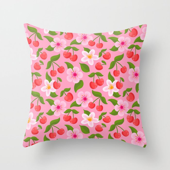 Cherry Pattern on Pink Throw Pillow Gallery Image 6