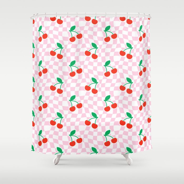 Cute pink cherry fruit checkered pattern Shower Curtain Gallery Image 1