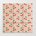 Cute pink cherry fruit checkered pattern Wood Wall Art Gallery Image 1