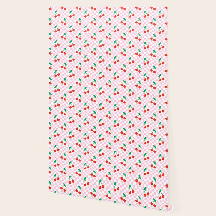 Cute pink cherry fruit checkered pattern Wallpaper Gallery Image 2