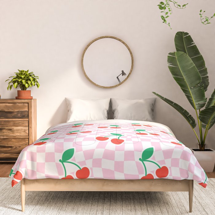 Cute pink cherry fruit checkered pattern Comforter Gallery Image 3