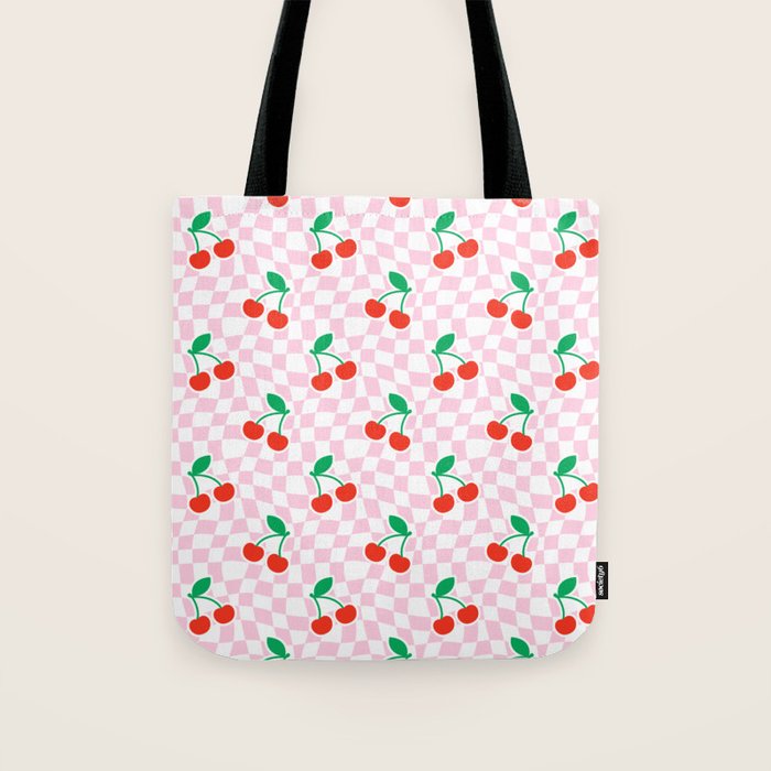 Cute pink cherry fruit checkered pattern Tote Bag Gallery Image 1