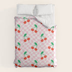 Cute pink cherry fruit checkered pattern Duvet Cover Gallery Image 6