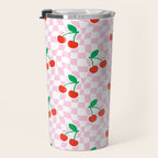 Cute pink cherry fruit checkered pattern Travel Mug Gallery Image 3