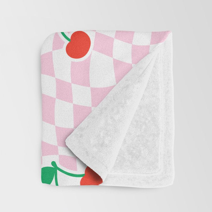 Cute pink cherry fruit checkered pattern Throw Blanket Gallery Image 3