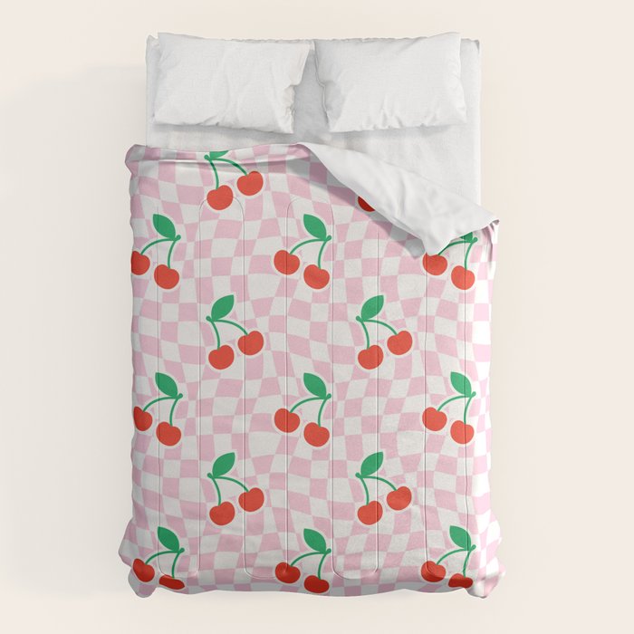 Cute pink cherry fruit checkered pattern Comforter Gallery Image 1